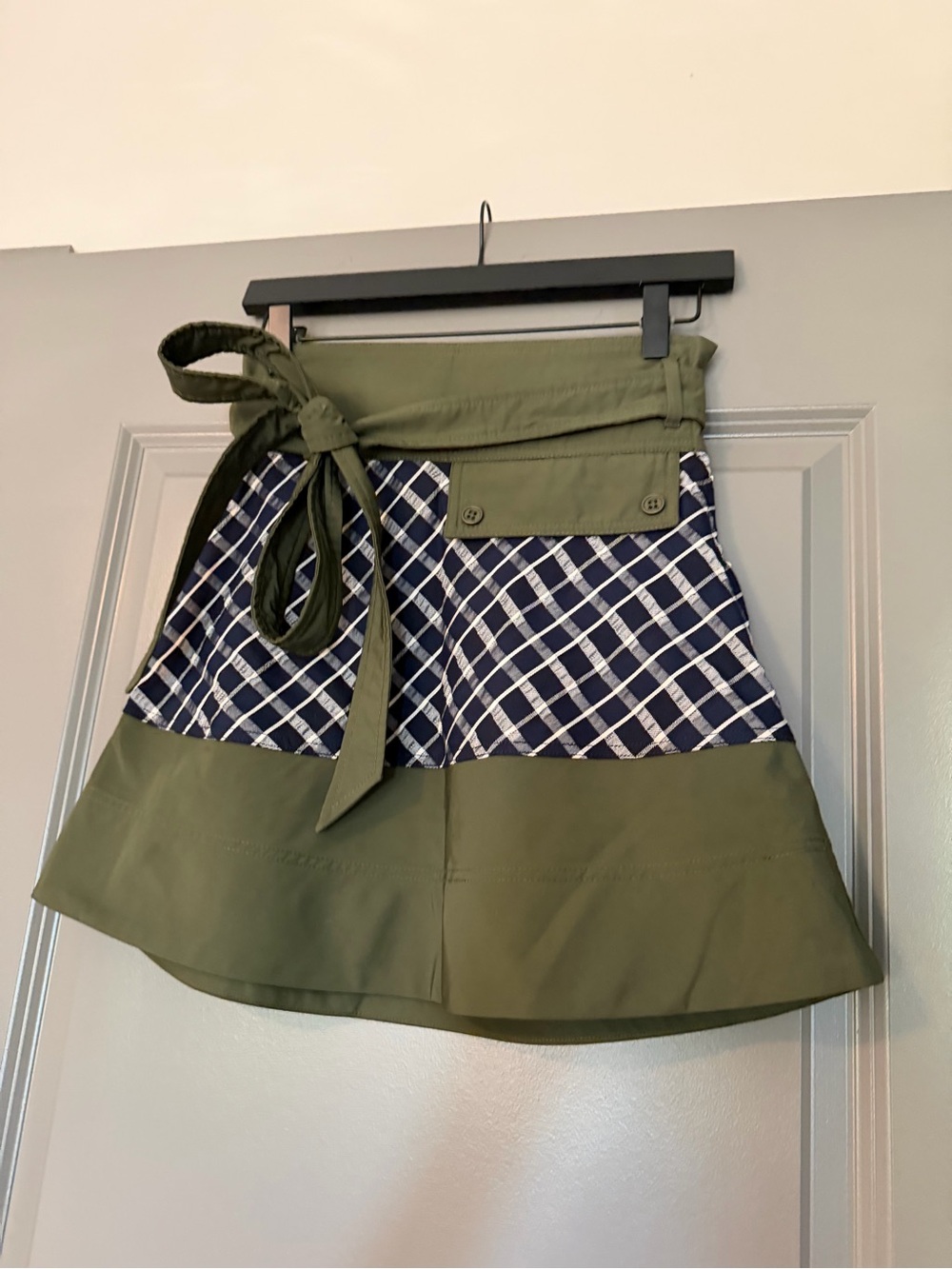 Tanya Taylor Olive Green and Navy Plaid A-Line Skirt